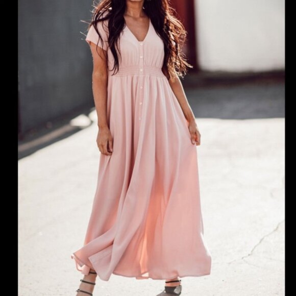 JessaKae Adelaide Smocked Maxi Dress Pink Button Front - Picture 2 of 10